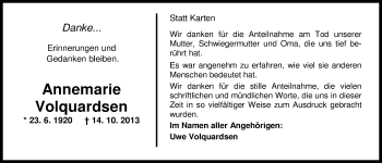 Traueranzeige von Annemarie Volquardsen von Nordwest-Zeitung