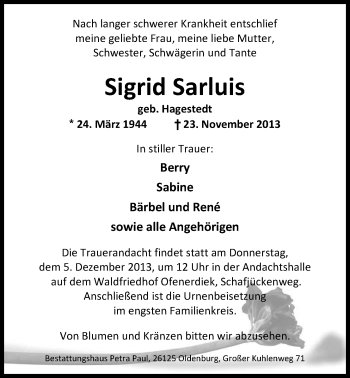 Traueranzeige von Sigrid Sarluis von Nordwest-Zeitung