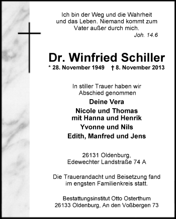 Traueranzeige von Winfried Schiller von Nordwest-Zeitung