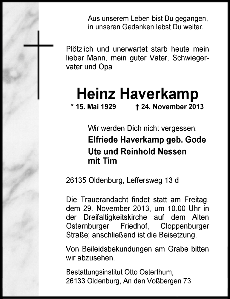  Traueranzeige für Heinz Haverkamp vom 27.11.2013 aus Nordwest-Zeitung