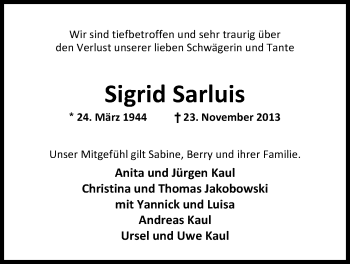 Traueranzeige von Sigrid Sarluis von Nordwest-Zeitung