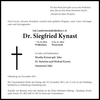 Traueranzeige von Dr. Siegfried Kynast von Nordwest-Zeitung