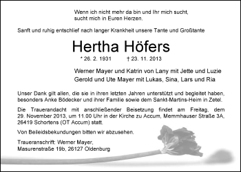 Traueranzeige von Hertha Höfers von Nordwest-Zeitung