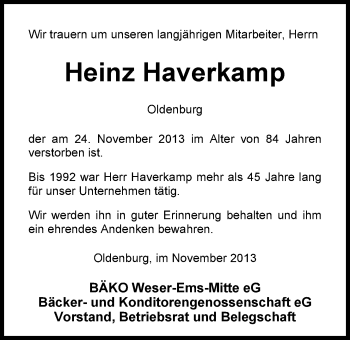 Traueranzeige von Heinz Haverkamp von Nordwest-Zeitung