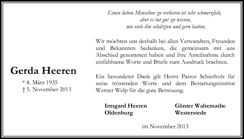  Traueranzeige für Gerda Heeren vom 30.11.2013 aus Nordwest-Zeitung