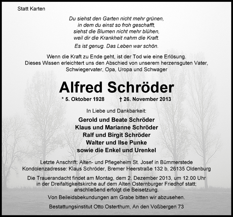  Traueranzeige für Alfred Schröder vom 29.11.2013 aus Nordwest-Zeitung