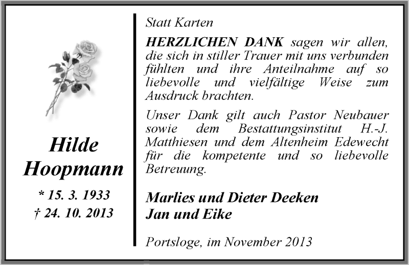  Traueranzeige für Hilde Hoopmann vom 30.11.2013 aus Nordwest-Zeitung