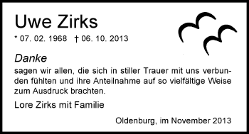 Traueranzeige von Uwe Zirks von Nordwest-Zeitung