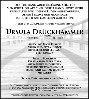 Traueranzeige von Ursula Drückhammer von Nordwest-Zeitung
