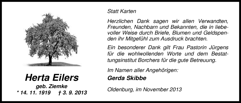  Traueranzeige für Herta Eilers vom 30.11.2013 aus Nordwest-Zeitung