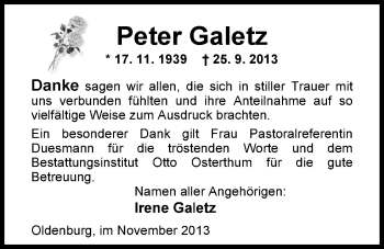 Traueranzeige von Peter Galetz von Nordwest-Zeitung