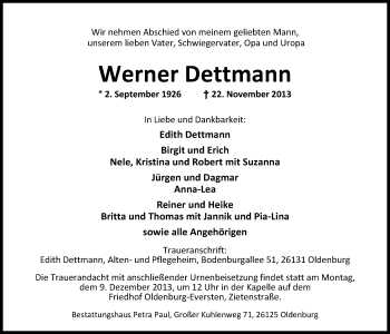 Traueranzeige von Werner Dettmann von Nordwest-Zeitung