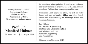 Traueranzeige von Manfred Hübner von Nordwest-Zeitung