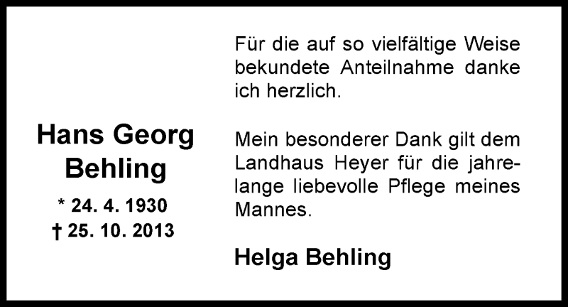  Traueranzeige für Hans Georg Behling vom 30.11.2013 aus Nordwest-Zeitung