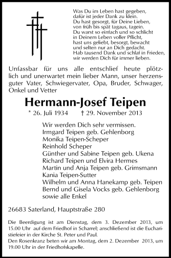 Traueranzeige von Hermann-Josef Teipen von Nordwest-Zeitung