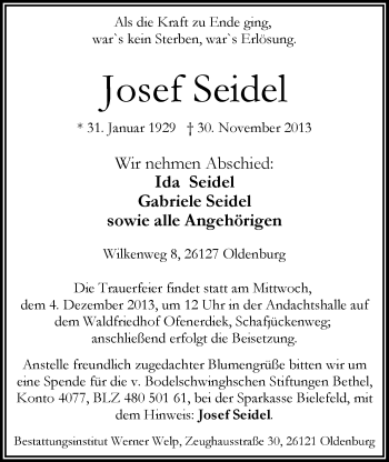 Traueranzeige von Josef Seidel von Nordwest-Zeitung