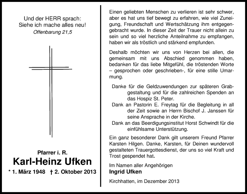  Traueranzeige für Karl-Heinz Ufken vom 03.12.2013 aus Nordwest-Zeitung