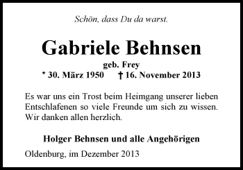 Traueranzeige von Gabriele Behnsen von Nordwest-Zeitung