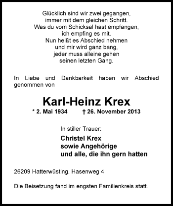 Traueranzeige von Karl-Heinz Krex von Nordwest-Zeitung