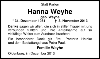 Traueranzeige von Hanna Weyhe von Nordwest-Zeitung