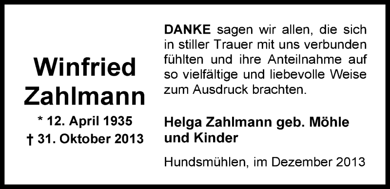  Traueranzeige für Winfried Zahlmann vom 07.12.2013 aus Nordwest-Zeitung