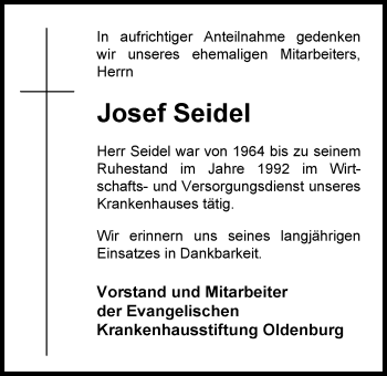 Traueranzeige von Josef Seidel von Nordwest-Zeitung