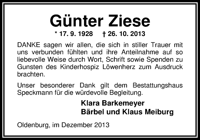  Traueranzeige für Günter Ziese vom 05.12.2013 aus Nordwest-Zeitung