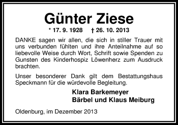 Traueranzeige von Günter Ziese von Nordwest-Zeitung