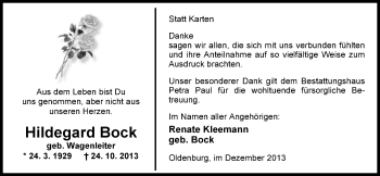 Traueranzeige von Hildegard Bock von Nordwest-Zeitung