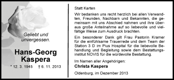 Traueranzeige von Hans-Georg Kaspera von Nordwest-Zeitung