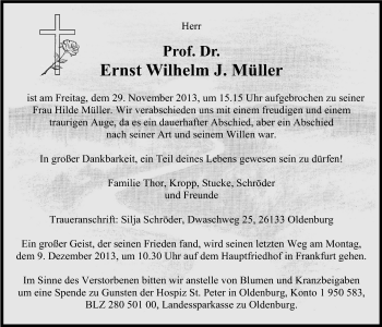 Traueranzeige von Ernst Wilhelm Müller von Nordwest-Zeitung