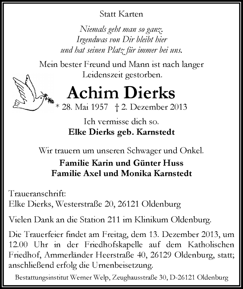  Traueranzeige für Achim Dierks vom 07.12.2013 aus Nordwest-Zeitung