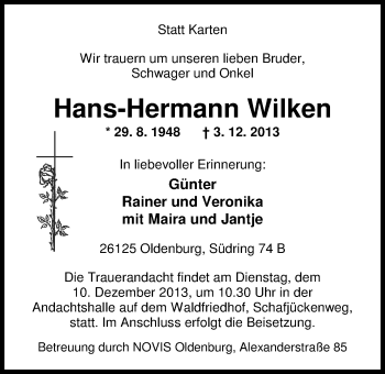 Traueranzeige von Hans-Hermann Wilken von Nordwest-Zeitung
