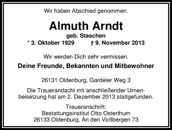 Traueranzeige von Almuth Arndt von Nordwest-Zeitung