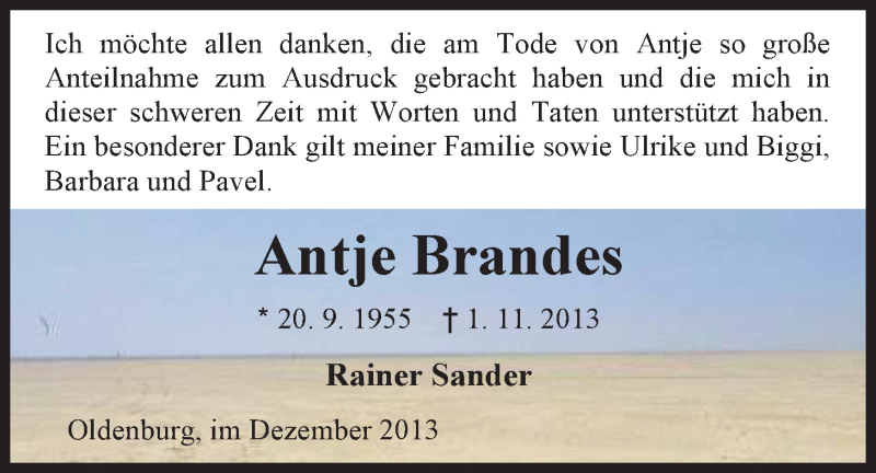  Traueranzeige für Antje Brandes vom 09.12.2013 aus Nordwest-Zeitung