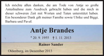 Traueranzeige von Antje Brandes von Nordwest-Zeitung