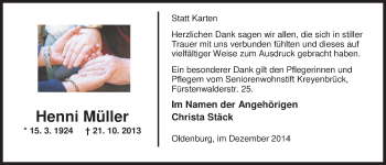 Traueranzeige von Henni Müller von Nordwest-Zeitung