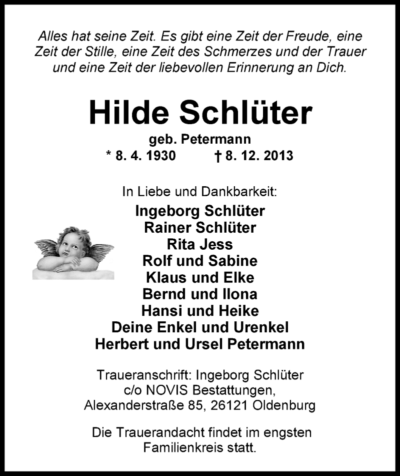  Traueranzeige für Hilde Schlüter vom 11.12.2013 aus Nordwest-Zeitung