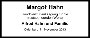 Traueranzeige von Margot Hahn von Nordwest-Zeitung