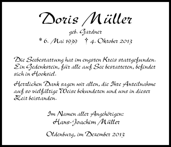 Traueranzeige von Doris Müller von Nordwest-Zeitung