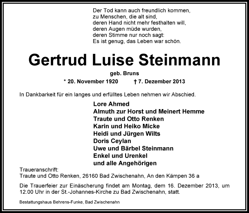  Traueranzeige für Gertrud Luise Steinmann vom 12.12.2013 aus Nordwest-Zeitung