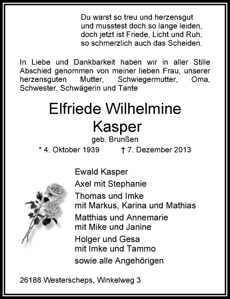  Traueranzeige für Elfriede Wilhelmine Kasper vom 12.12.2013 aus Nordwest-Zeitung