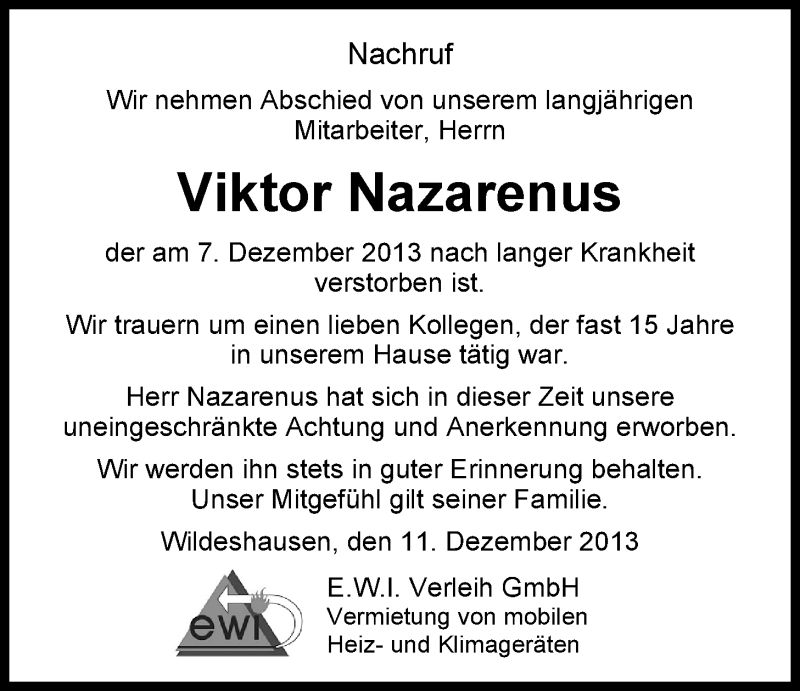  Traueranzeige für Viktor Nazarenus vom 12.12.2013 aus Nordwest-Zeitung