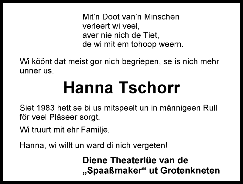  Traueranzeige für Hanna Tschorr vom 13.12.2013 aus Nordwest-Zeitung
