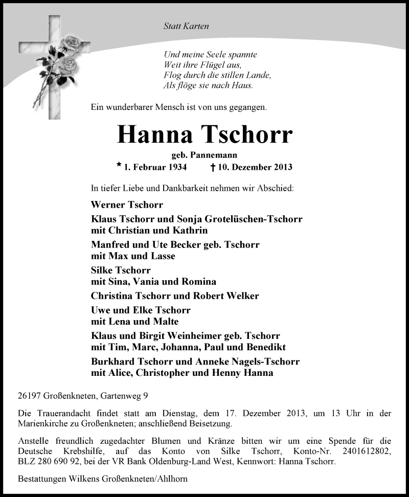  Traueranzeige für Hanna Tschorr vom 13.12.2013 aus Nordwest-Zeitung
