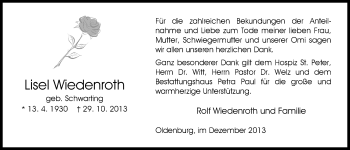 Traueranzeige von Lisel Wiedenroth von Nordwest-Zeitung
