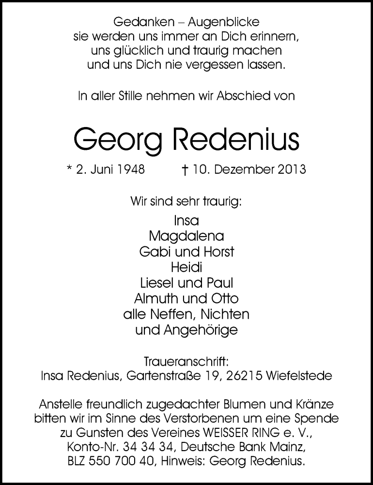  Traueranzeige für Georg Redenius vom 13.12.2013 aus Nordwest-Zeitung