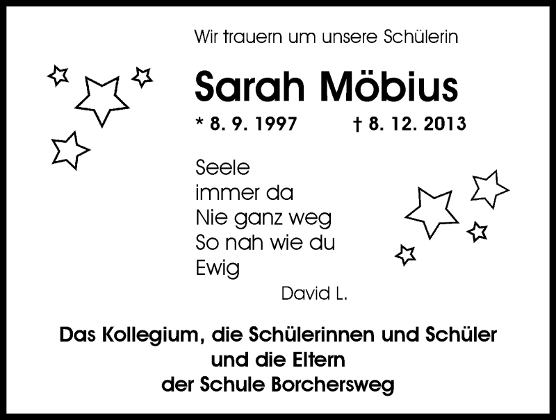  Traueranzeige für Sarah Möbius vom 13.12.2013 aus Nordwest-Zeitung