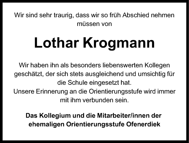  Traueranzeige für Lothar Krogmann vom 17.12.2013 aus Nordwest-Zeitung