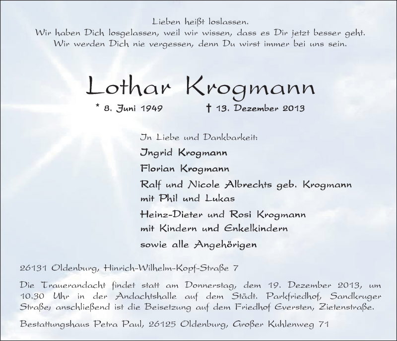  Traueranzeige für Lothar Krogmann vom 17.12.2013 aus Nordwest-Zeitung